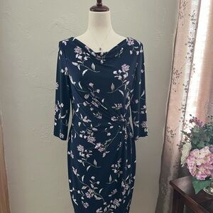 Lauren Ralph Lauren Size 6 Navy Floral Ruched Sheath Dress with Cowl Neck